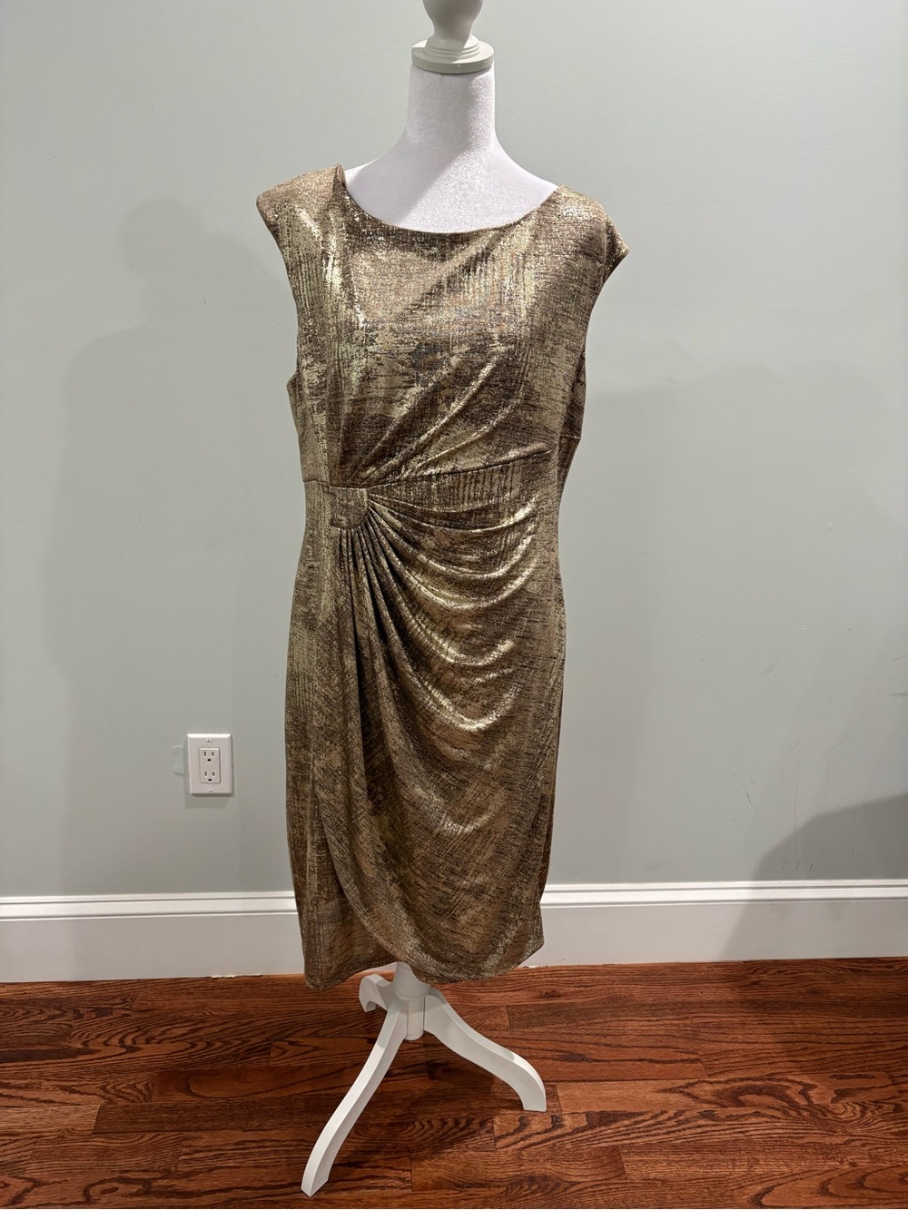 connected apparel Metallic Gold Ruched Midi Dress